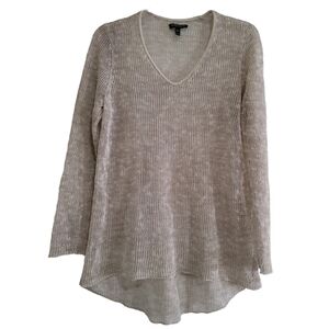 Eileen Fisher Loose Knit Oatmeal Linen Blend Sweater Leather Trim MP Medium